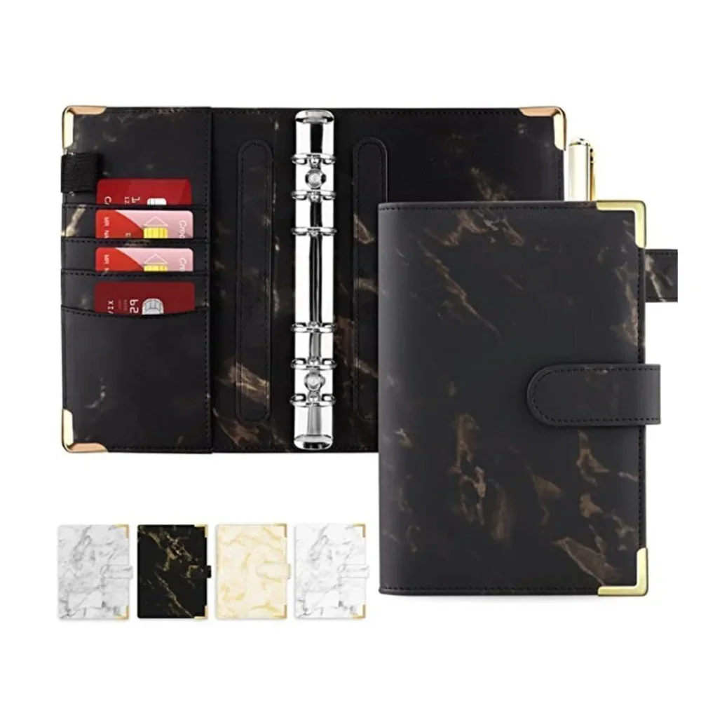 A6 Black Leather Marble Budget Binder, Refillable Magnetic Buckle Closure